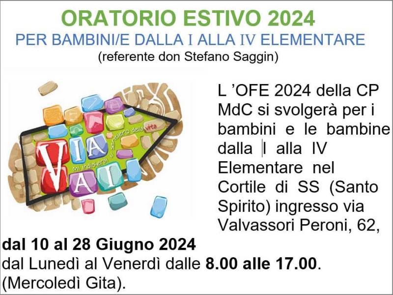 Iscrizioni Oratorio Estivo 2024 dalla 1° alla 4°&nbsp;elementare