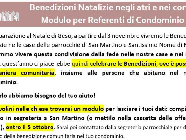 BENEDIZIONI NATALIZIE negli atri e nei cortili: modulo per referenti di Condominio in SS Nome e San&nbsp;Martino