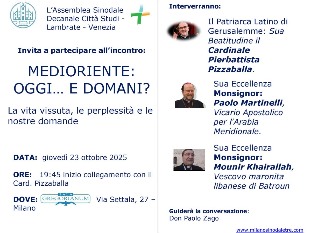 MEDIORIENTE:OGGI… E DOMANI?  23/10, ore 19.45 – con LINK YOUTUBE per lo streaming da vedere da casa. Assemblea Sinodale&nbsp;Decanale