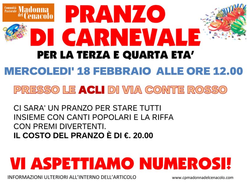 PRANZO DI CARNEVALE per la terza e quarta età il 18 febbraio&nbsp;2026