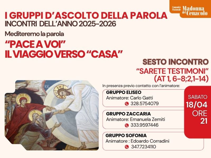 GRUPPI DI ASCOLTO DELLA PAROLA 2025-2026. Prossimo incontro&nbsp;18/04.