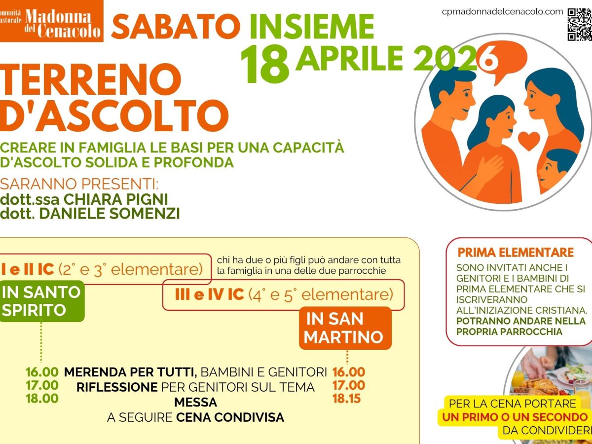 Sabato insieme, 18/04/2026. Incontro sull’Ascolto per gli adulti, giochi per i bambini e&nbsp;cena.
