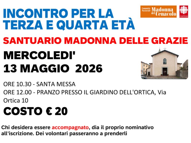 INCONTRO PER LA TERZA E QUARTA ETA’: Messa e pranzo insieme il&nbsp;13/05
