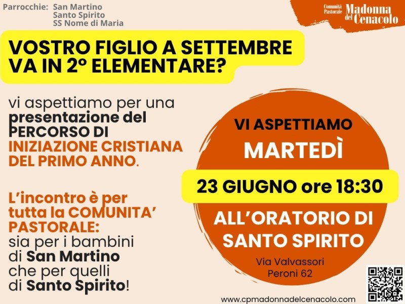 INCONTRO PER IL 1° anno di INIZIAZIONE CRISTIANA (dalla 2° elementare) il 23/06 ore&nbsp;18.30