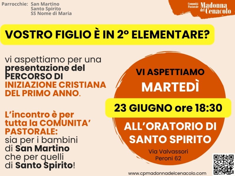 INCONTRO PER IL 1° anno di INIZIAZIONE CRISTIANA (dalla 2° elementare) il 23/06 ore&nbsp;18.30